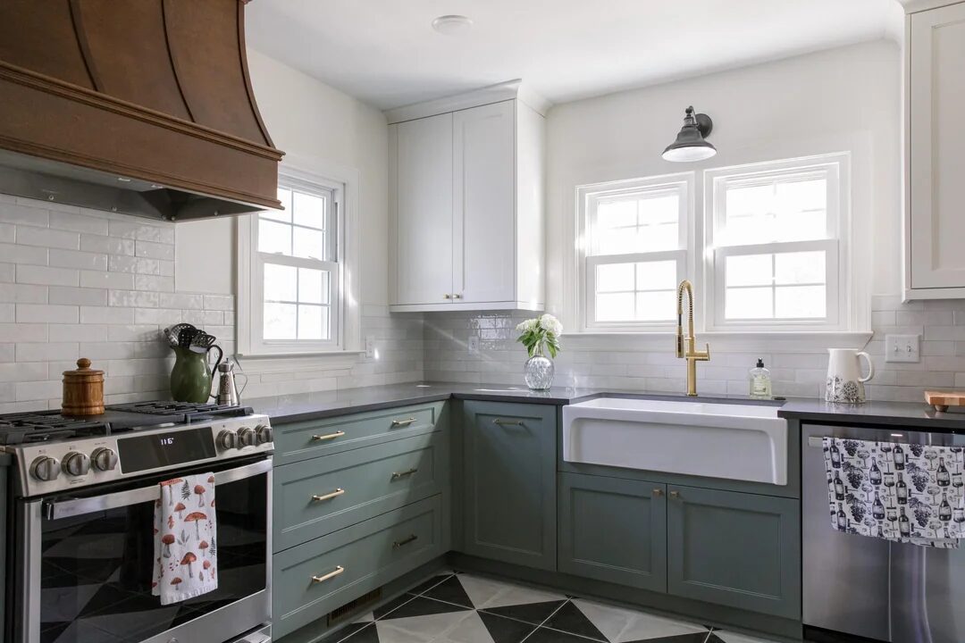 1930s Kitchen Remodel: Exposed Brick, Sage Cabinets, and a Floor That Makes the Room